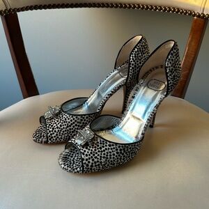 Mary Norton leopard calf hair jeweled peep toe heels